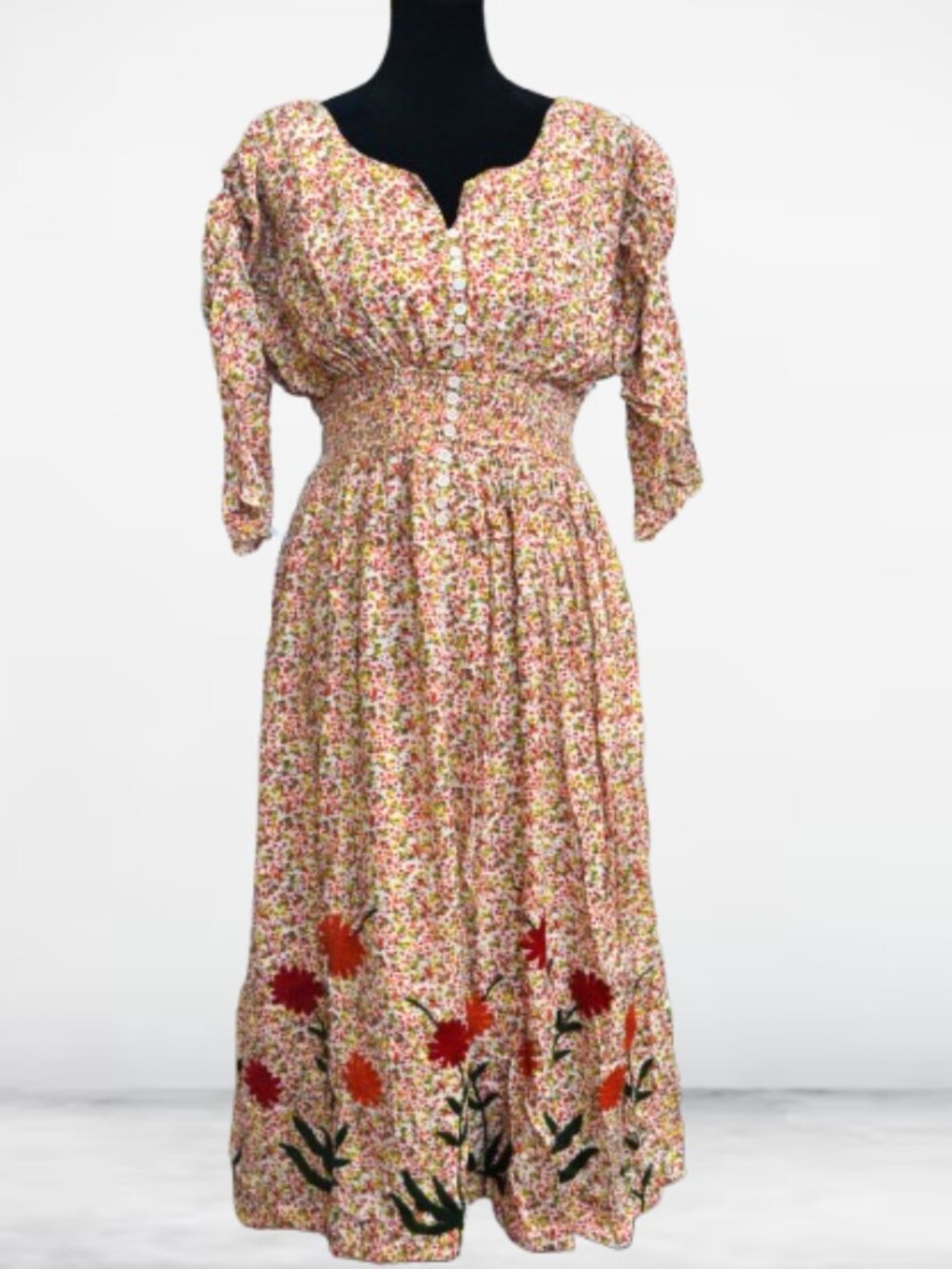 eShakti Floral Embroidered Midi dress Smocked waist POCKETS custom size 10 - Picture 3 of 4